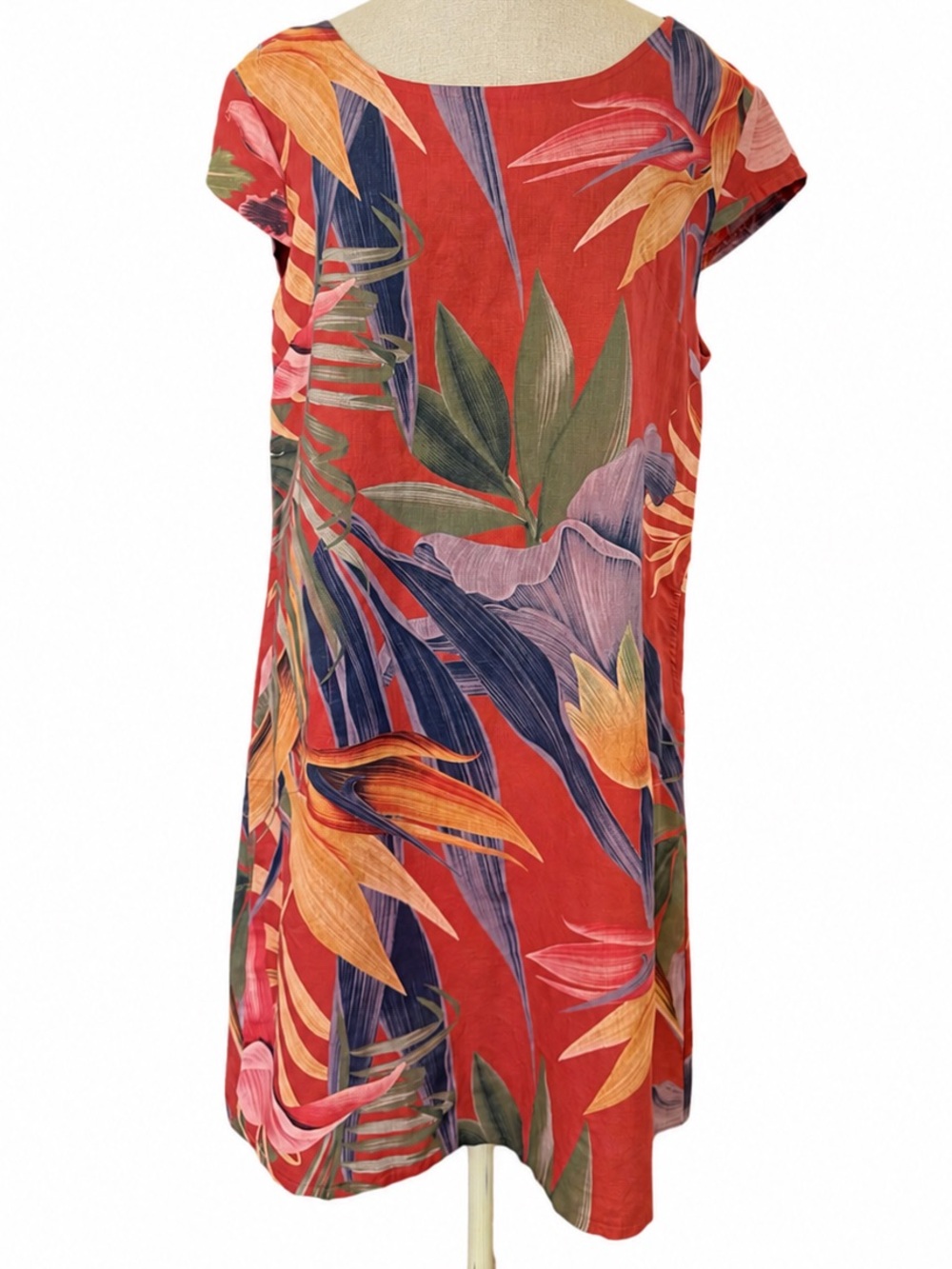 Cristina Vergani Linen Blend Tropical Shift Dress L Red Birds of Paradise Italy